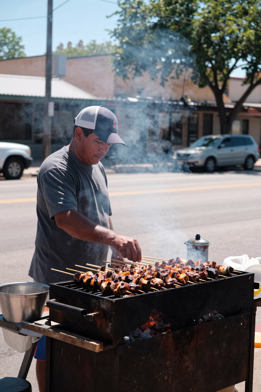 Midday Austin Texas Street Scene with Grilled Kebab and Cooking Pot in in Austin, Texas, United States