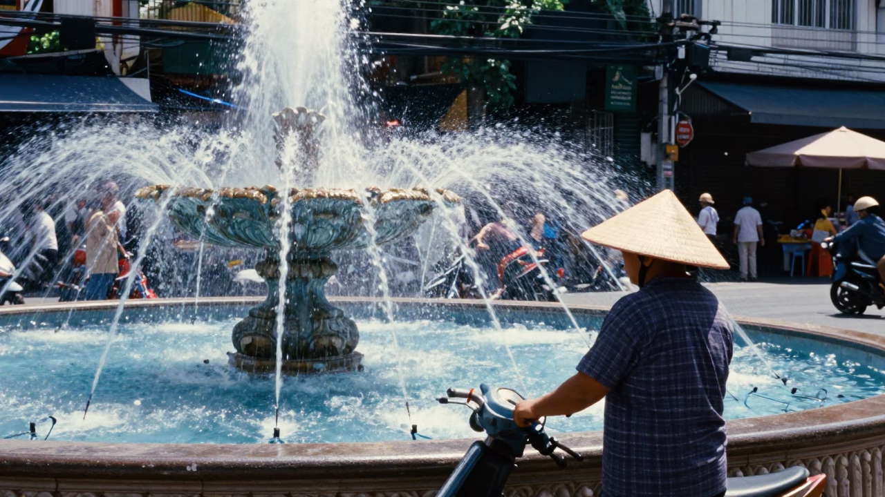 Midday Bangkok Street Scene with Fountain Spray and Blue Porcelain Plate in in Bangkok, Thailand