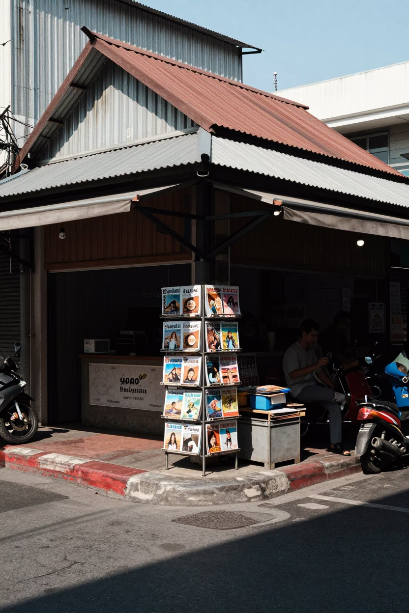 Midday Bangkok Street Scene with Magazine Rack and Local Commerce in in Bangkok, Thailand
