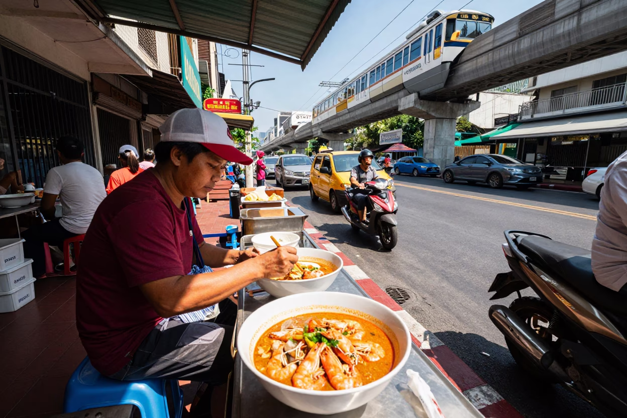 Midday Bangkok Street Scene with Monorail Reflection and Local Food Vendors in in Bangkok, Thailand