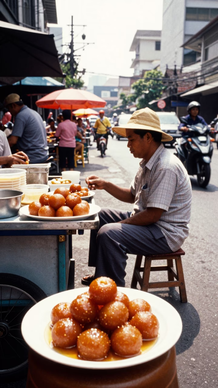 Midday Bangkok Street Scene with Stool and Gulab Jamun Plate in Thai Market in in Bangkok, Thailand