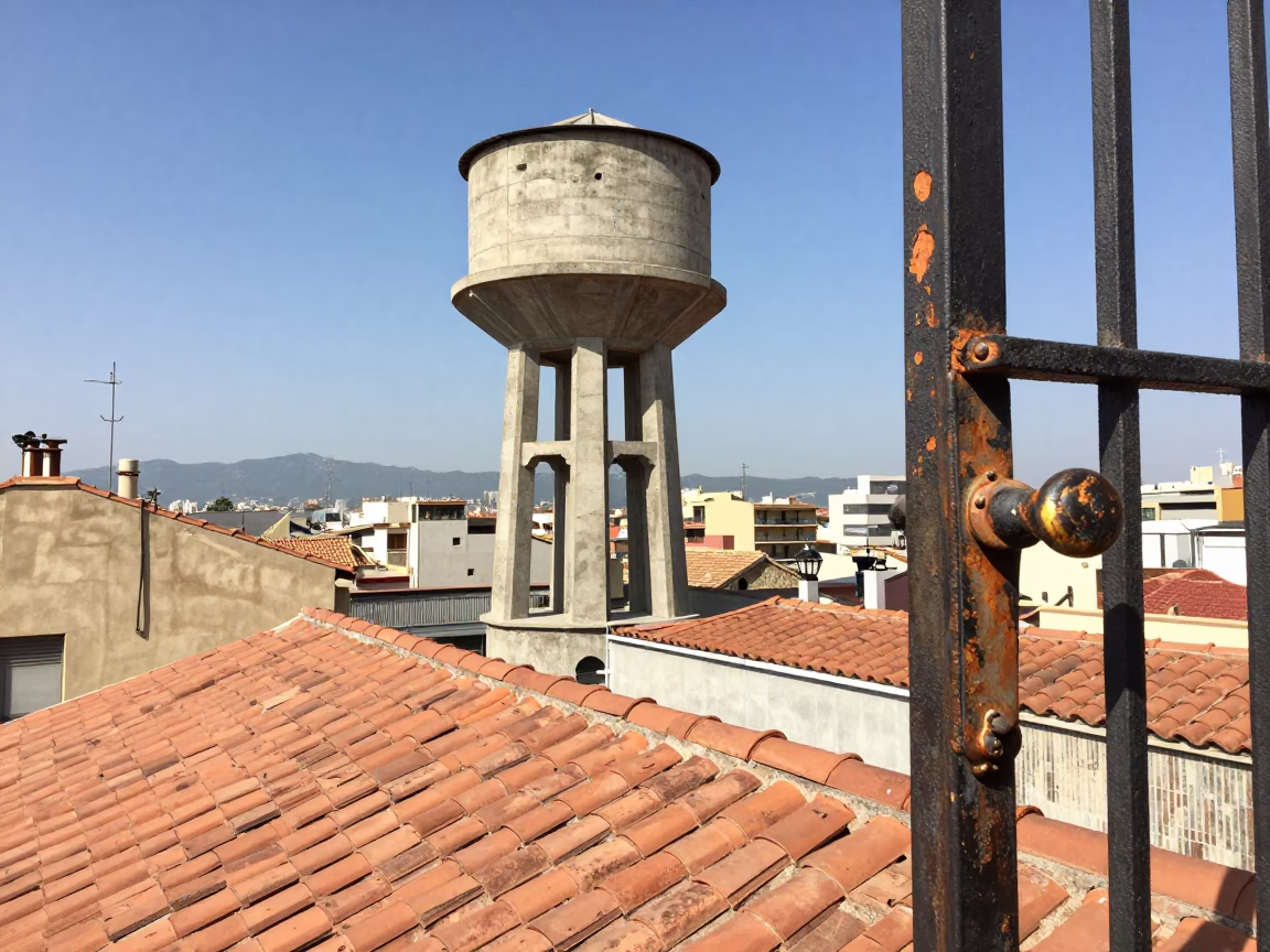 Midday Barcelona Rooftop Water Tower and Weathered Gate Handle Detail in in Barcelona, Spain