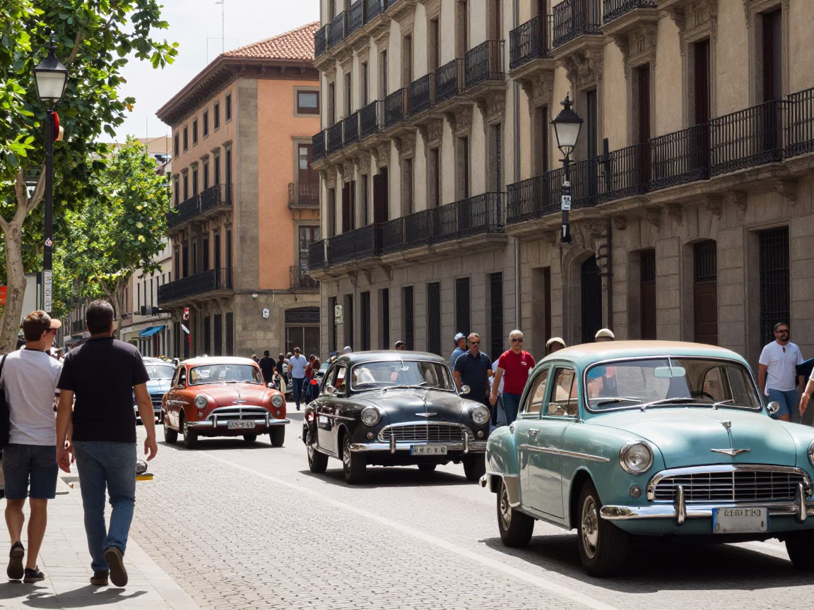 Midday Barcelona Street Scene with Vintage Car Rally and Local Life in in Barcelona, Spain