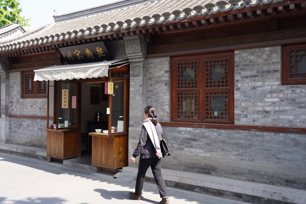 Midday Beijing Street Scene with Woman in Scarf and Traditional Architecture in in Beijing, China