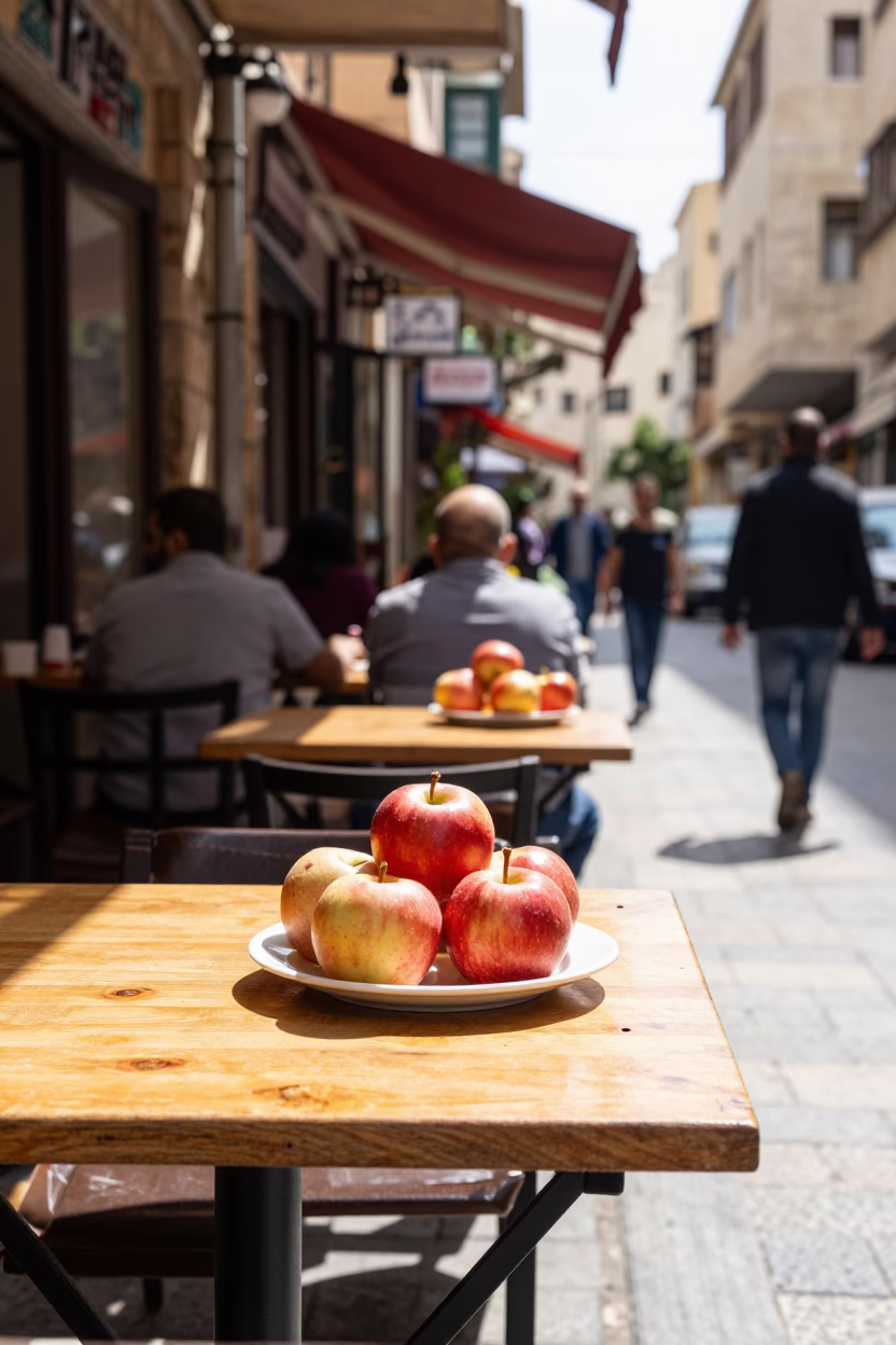 Midday Beirut Street Scene with Fresh Apples and Traditional Cafe Culture in in Beirut, Lebanon