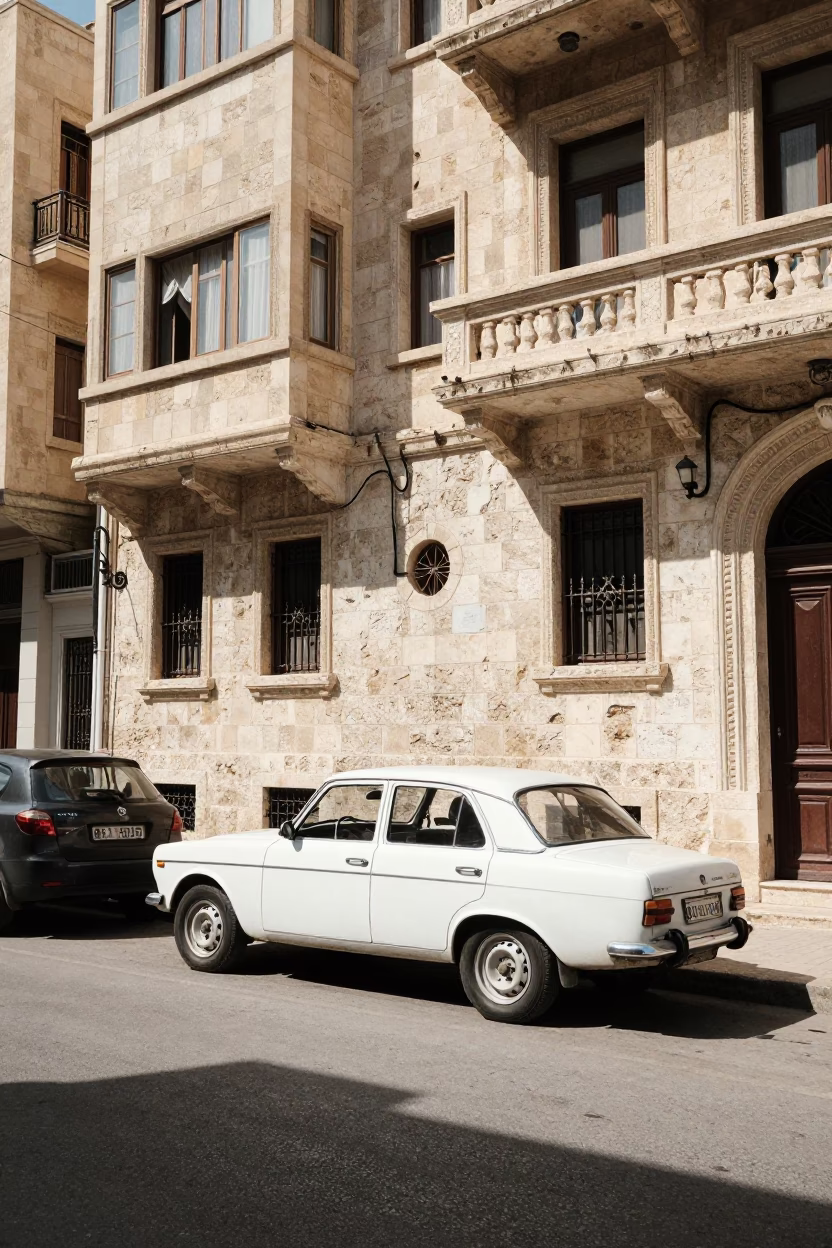 Midday Beirut Street Scene with Vintage Cars and Limestone Architecture in in Beirut, Lebanon