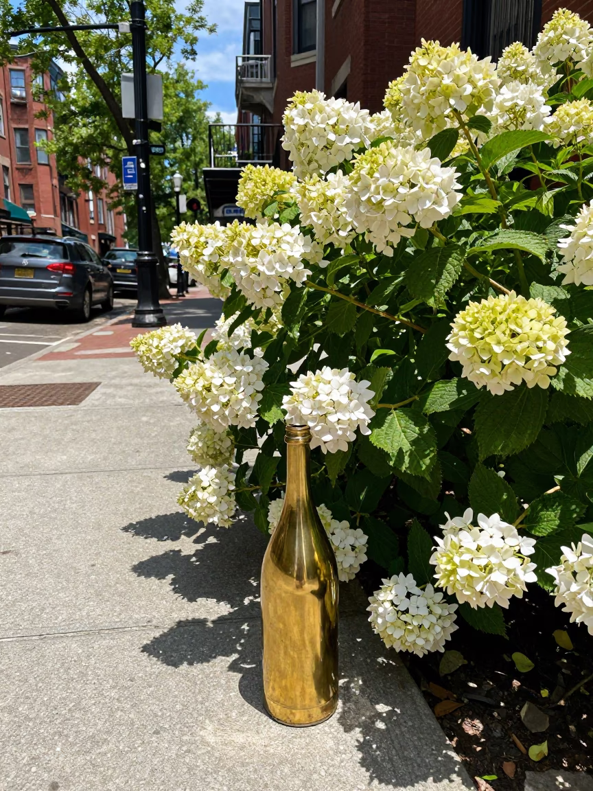 Midday Boston Street Scene with Hydrangea Bush and Brass Details in in Boston, Massachusetts, United States
