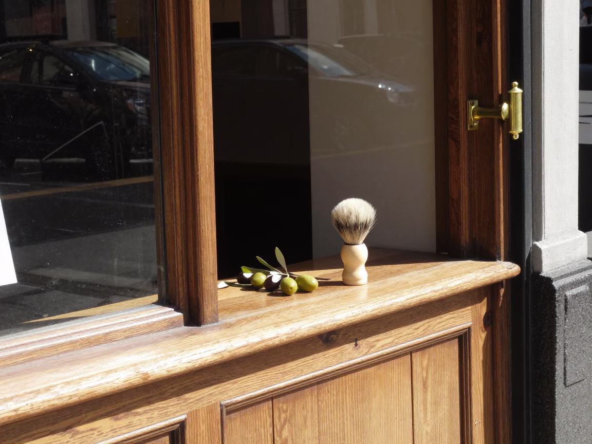 Midday Boston Street Scene with Olives and Shaving Brush in Local Shop in in Boston, Massachusetts, United States