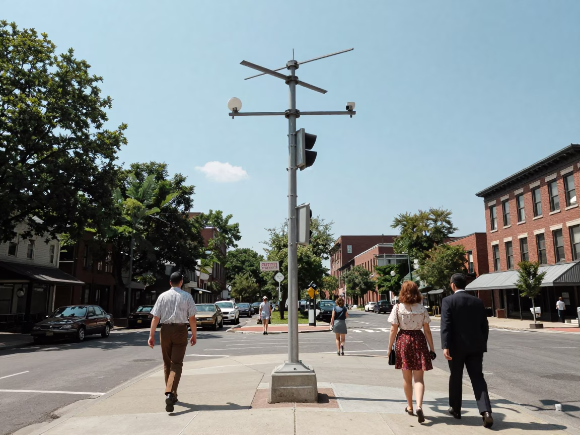Midday Boston Street Scene with Weather Station Mast and Urban Greenhouse Details in in Boston, Massachusetts, United States