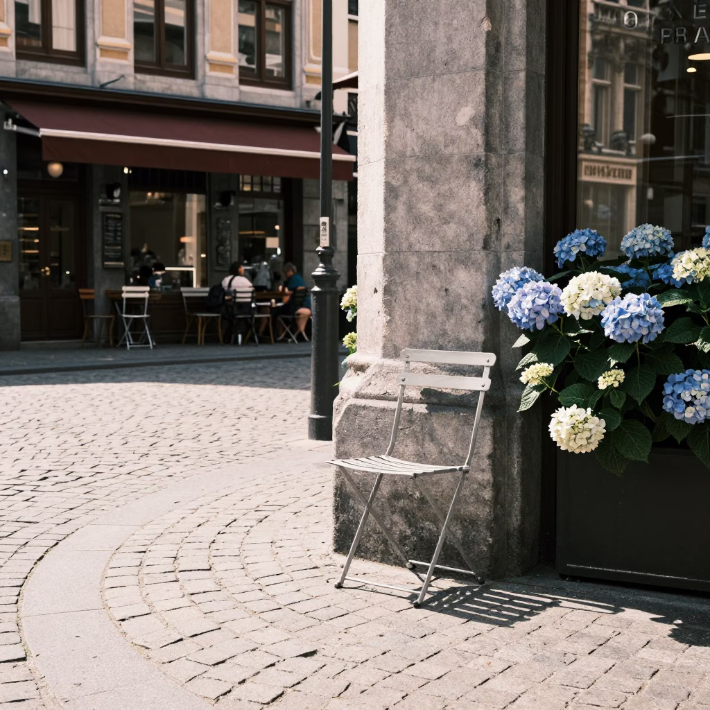 Midday Brussels Street Scene with Folding Chair and Hydrangeas in Belgium in in Brussels, Belgium
