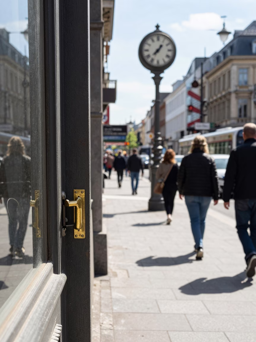 Midday Brussels Street Scene with Train Station Clock and Latch Window Light in in Brussels, Belgium