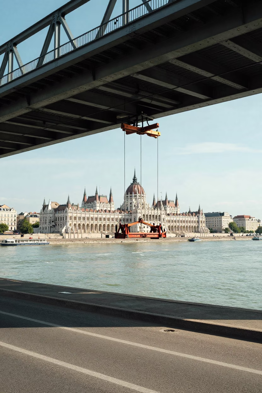 Midday Budapest Street Scene with Bridge Maintenance Cradle and Green Danube River in in Budapest, Hungary