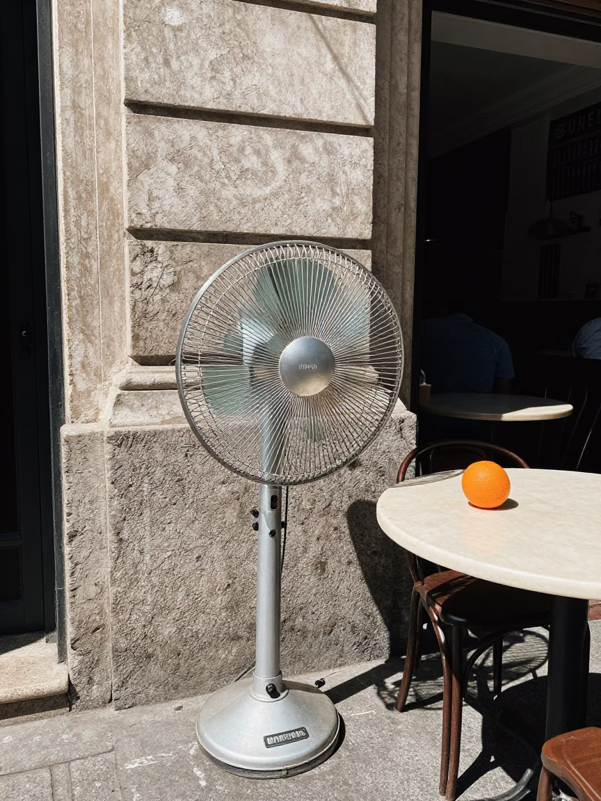 Midday Buenos Aires Cafe Scene with Table Fan and Orange Peel Detail in in Buenos Aires, Argentina