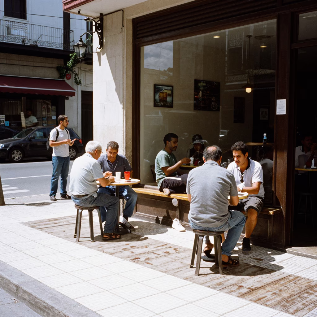 Midday Buenos Aires Street Corner with Domino Players and Local Cafe Details in in Buenos Aires, Argentina