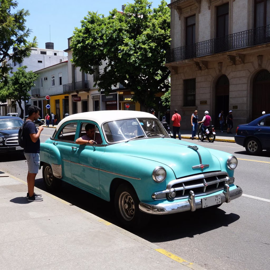 Midday Buenos Aires Street Scene with Classic Car and Local Pedestrians in in Buenos Aires, Argentina