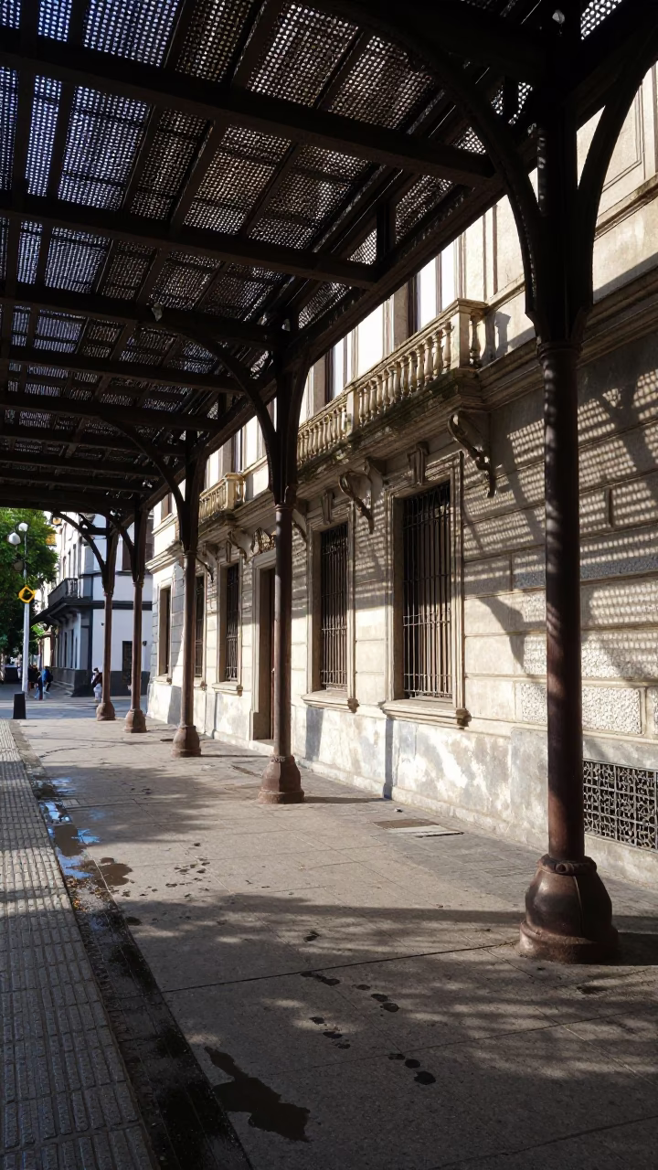 Midday Buenos Aires Street Scene with Perforated Metal Overpass and Wet Footsteps in in Buenos Aires, Argentina
