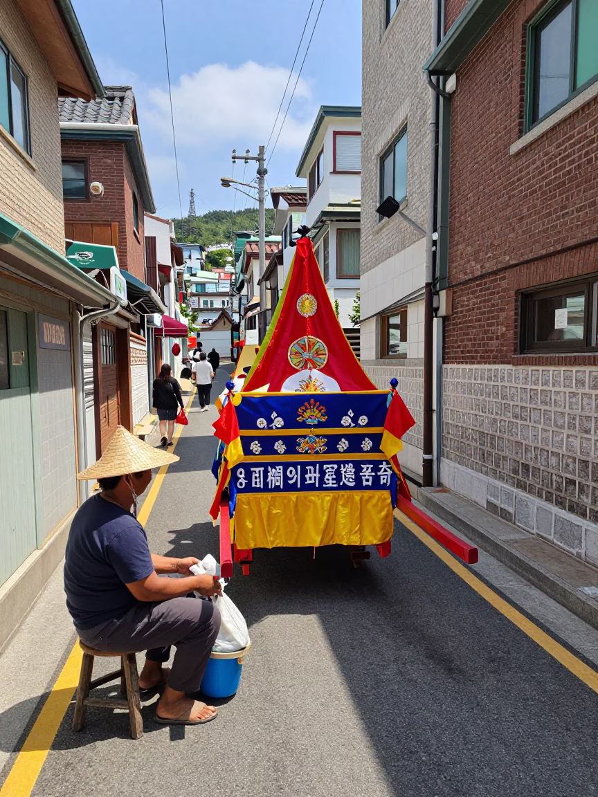 Midday Busan Street Scene with Vendor and Traditional Processional Float in in Busan, South Korea