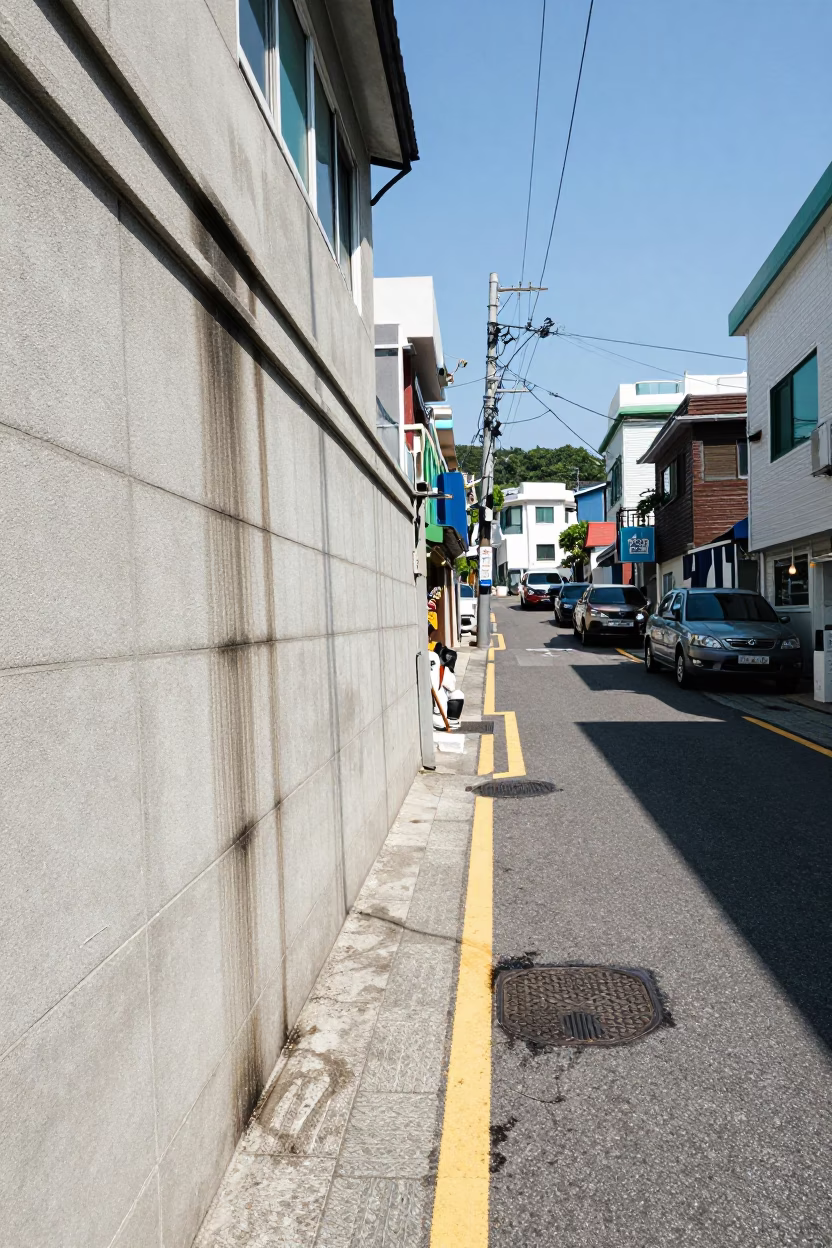 Midday Busan Street Scene with Water Stains and Local Market Details in in Busan, South Korea