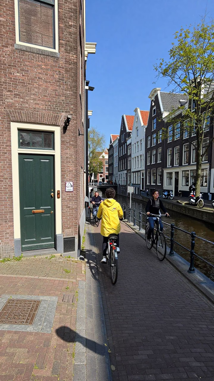 Midday Canal Scene in Amsterdam with Cyclists and Traditional Dutch Architecture in in Amsterdam, Netherlands