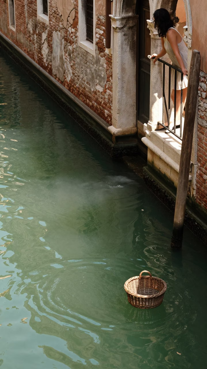 Midday Canal View in Venice Italy with Wicker Basket Shadow on Stone Basin in in Venice, Italy
