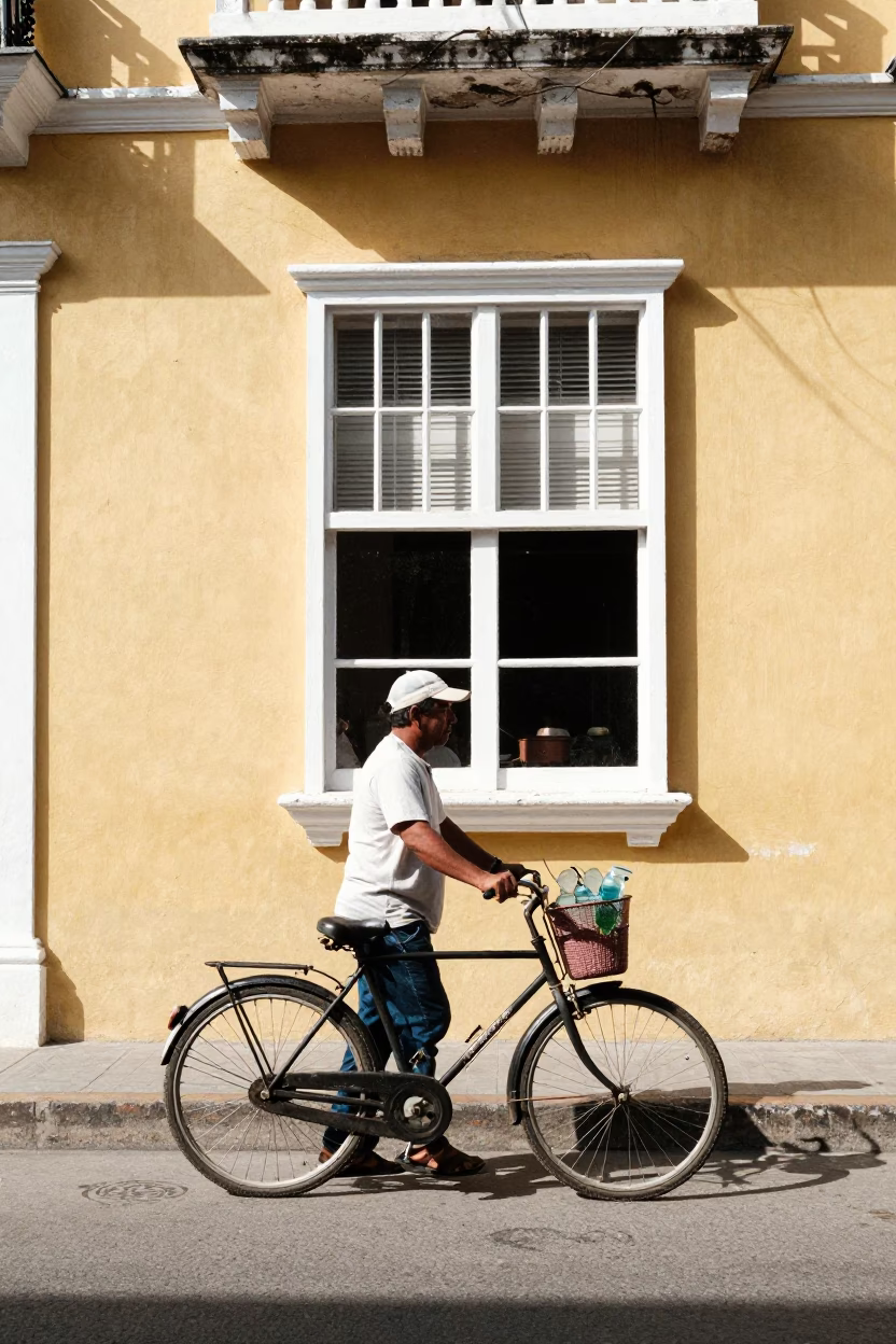Midday Cartagena Colombia Street Scene with Bicycle Basket and Glass Bottles in in Cartagena, Colombia