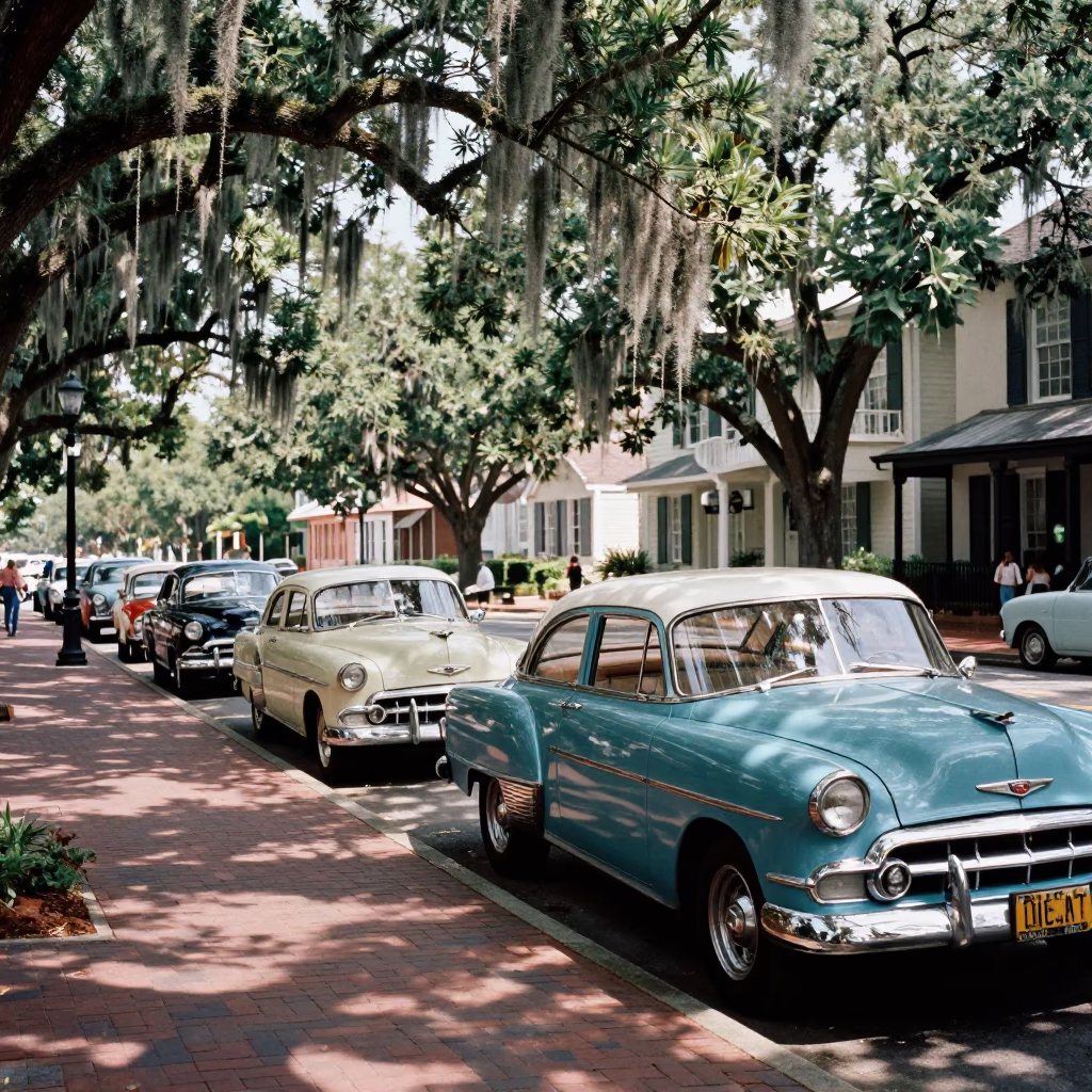 Midday Charleston South Carolina Street Scene with Classic Cars and Spanish Moss in in Charleston, South Carolina, United States