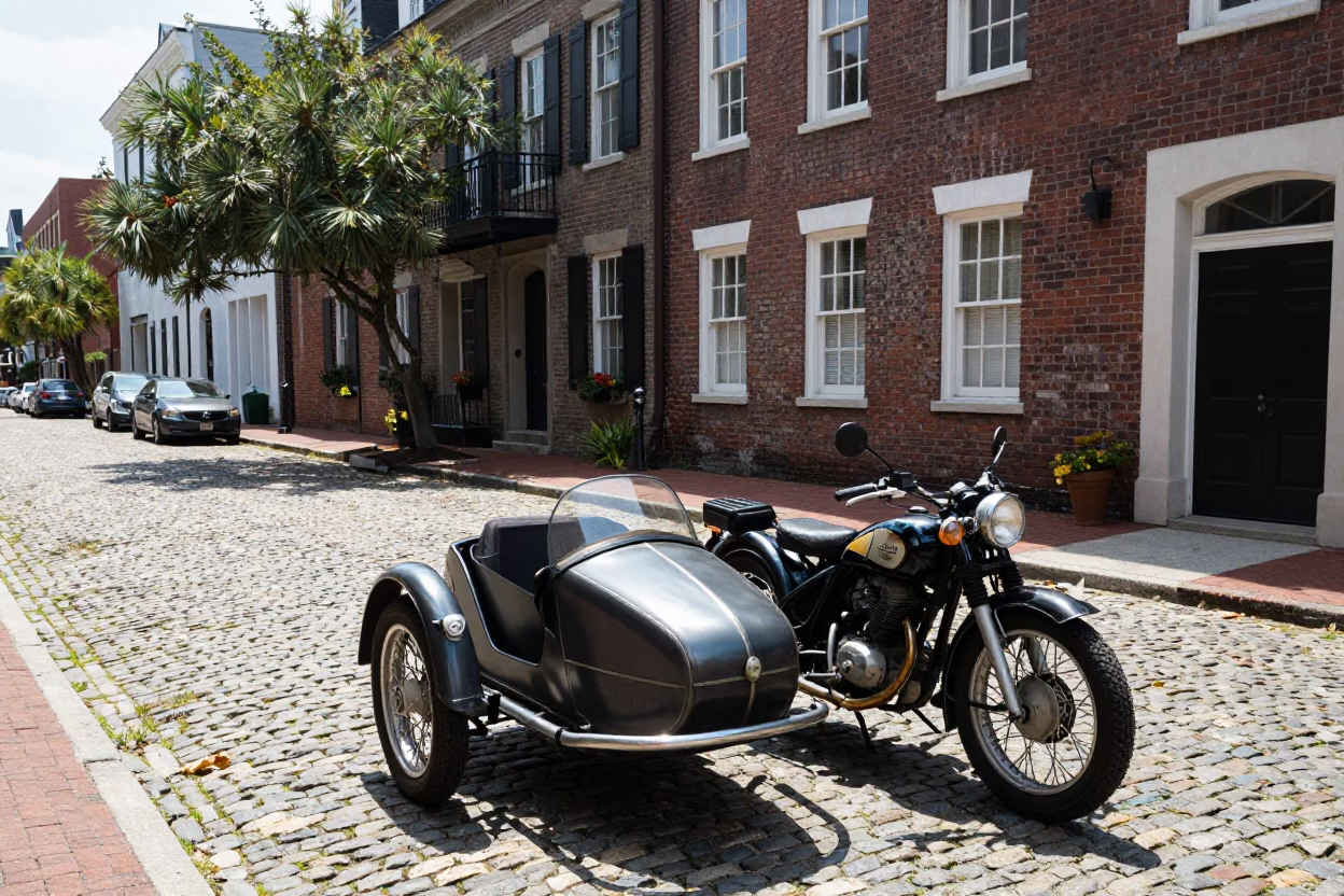 Midday Charleston South Carolina Street Scene with Vintage Motorcycle Sidecar and Local Pedestrians in in Charleston, South Carolina, United States