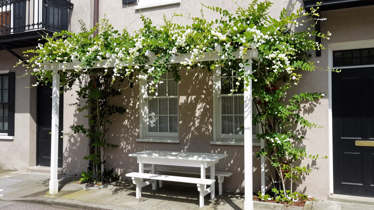 Midday Charleston Street Scene with Sweet Pea Trellis and Wooden Table Detail in in Charleston, South Carolina, United States