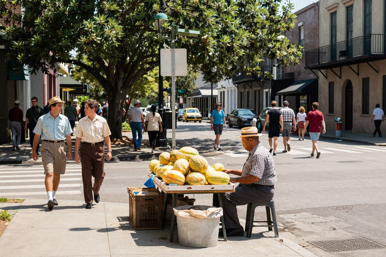 Midday Charleston Street Scene with Vendor Selling Melons and Vintage Majolica Plate in in Charleston, South Carolina, United States