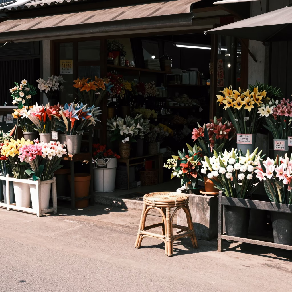 Midday Chiang Mai Street Scene with Rattan Stool and Florist Shopfront in in Chiang Mai, Thailand