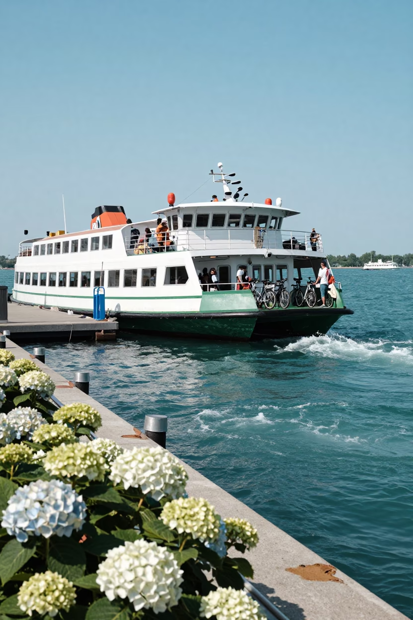 Midday Chicago Ferry Dock Scene with Hydrangeas and Enamel Bowls in in Chicago, Illinois, United States