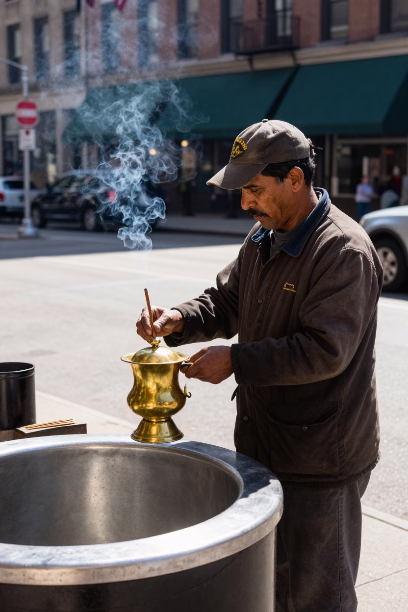 Midday Chicago Street Scene with Brass Censer and Steel Basin in Busy Urban Setting in in Chicago, Illinois, United States