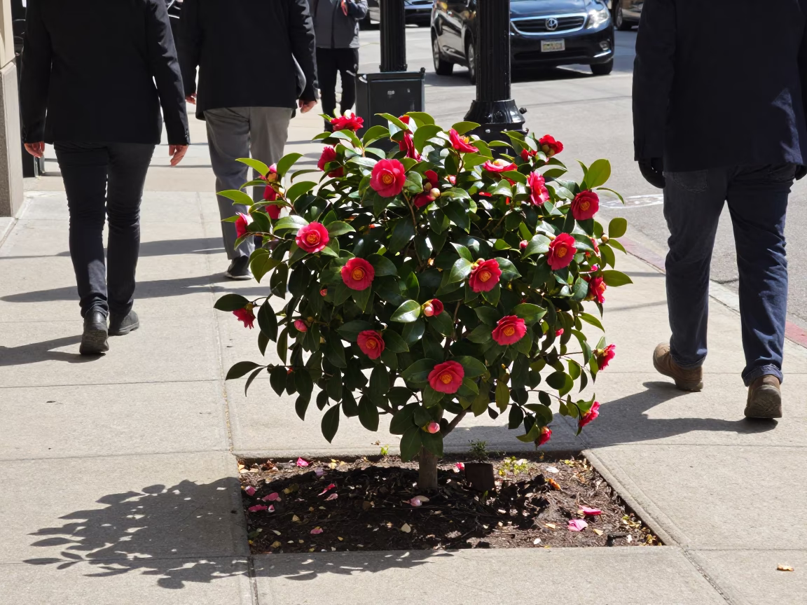 Midday Chicago Street Scene with Camellia Shrub and Urban Pedestrians in in Chicago, Illinois, United States