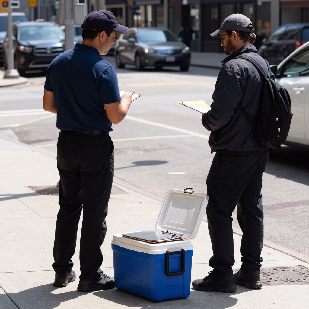 Midday Chicago Street Scene with Courier and Insulated Cooler in Illinois in in Chicago, Illinois, United States