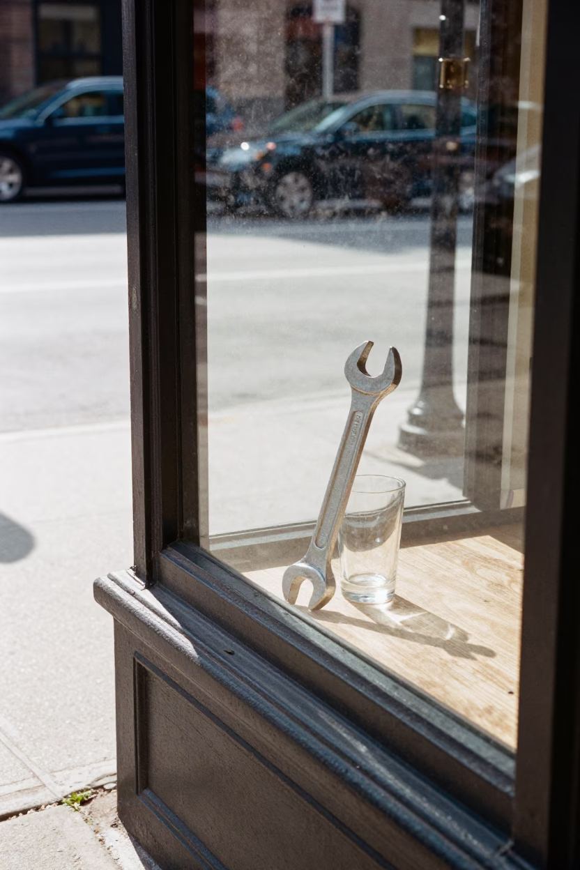 Midday Chicago Street Scene with Wrench and Clear Glass Shelf in Window Display in in Chicago, Illinois, United States