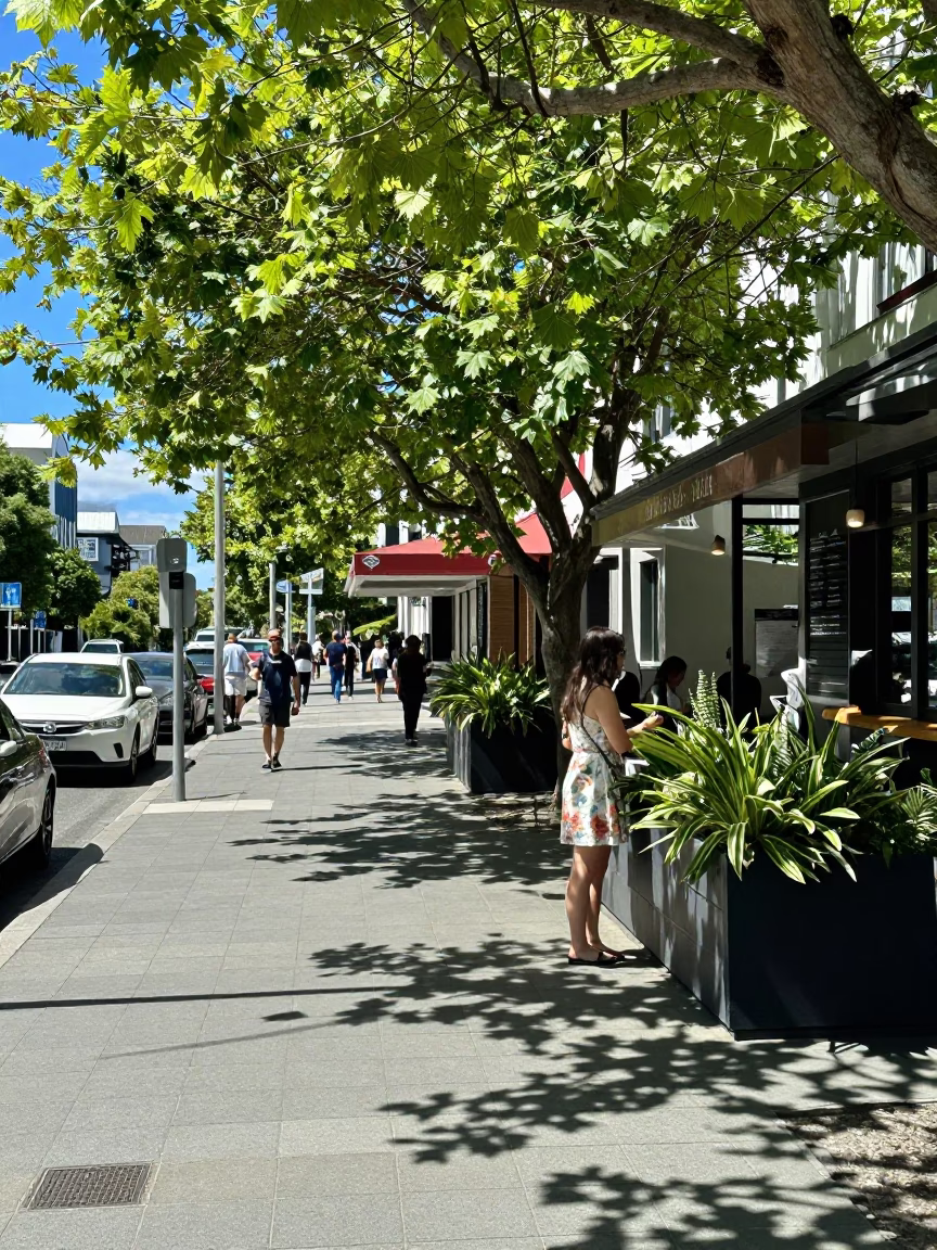 Midday Christchurch Street Scene with Leaf Shadows and Local Life in in Christchurch, New Zealand