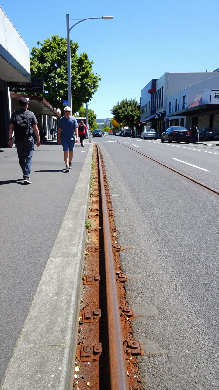 Midday Christchurch Street Scene with Rusty Rail and Urban Infrastructure in in Christchurch, New Zealand