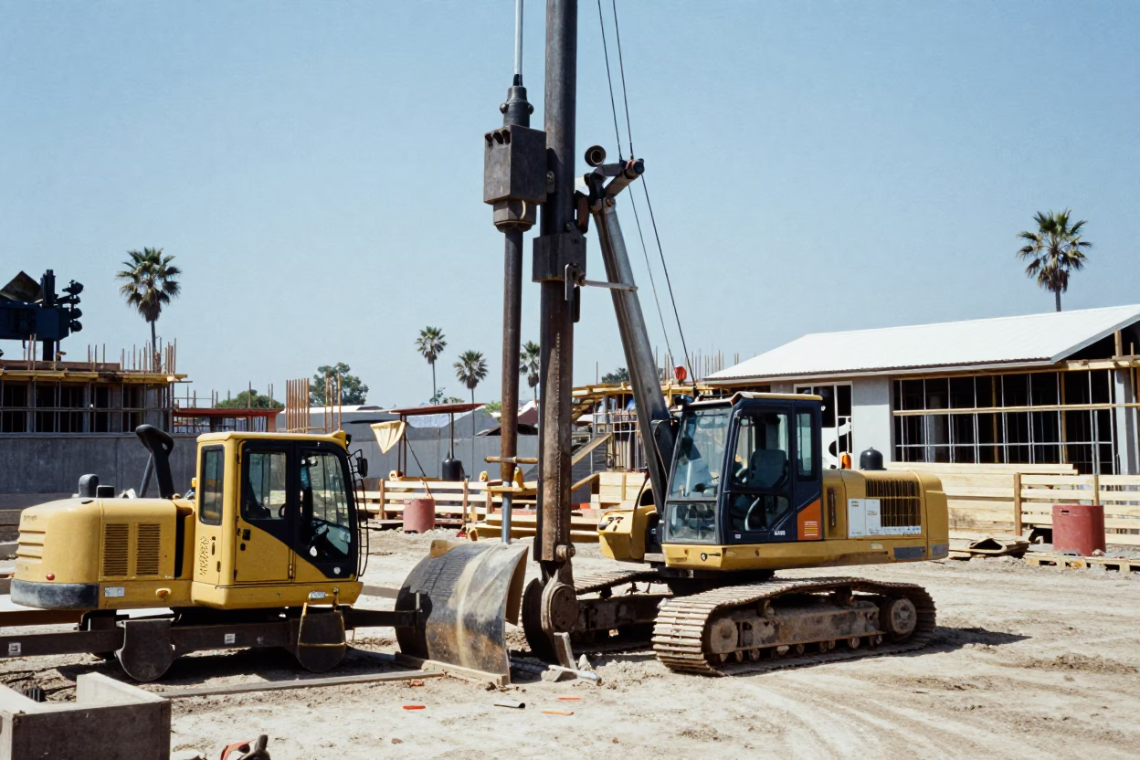 Midday Construction Activity in San Diego California with Pile Driver Equipment in in San Diego, California, United States