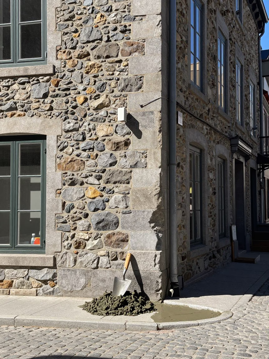 Midday Construction Detail on Quebec City Cobblestone Street with Mason's Trowel in in Quebec City, Quebec, Canada