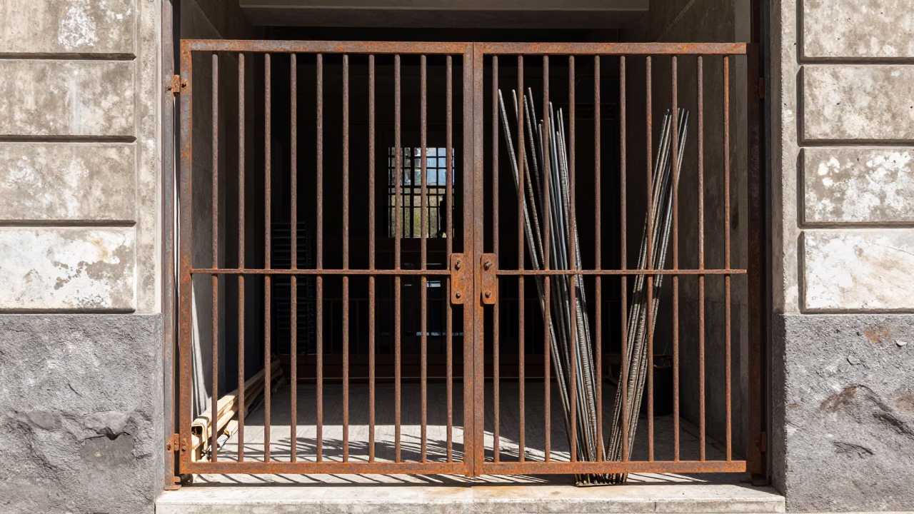Midday Construction Elevator Gate with Rebar Bundles in Naples Italy in in Naples, Italy