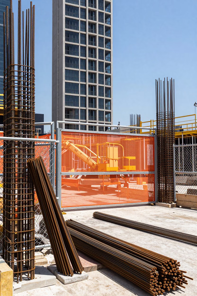 Midday Construction Site Activity in Los Angeles California with Rebar and Elevator Gate in in Los Angeles, California, United States