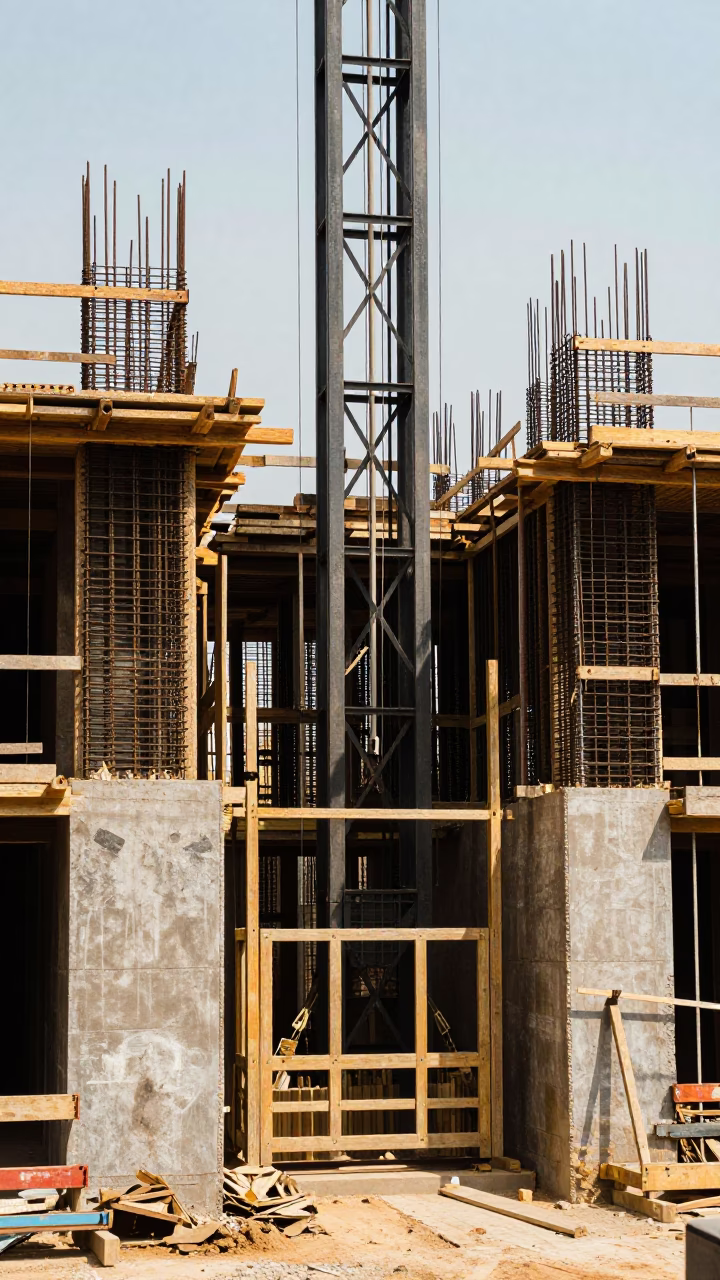 Midday Construction Site in Accra Ghana with Rebar and Elevator Gate in in Accra, Ghana