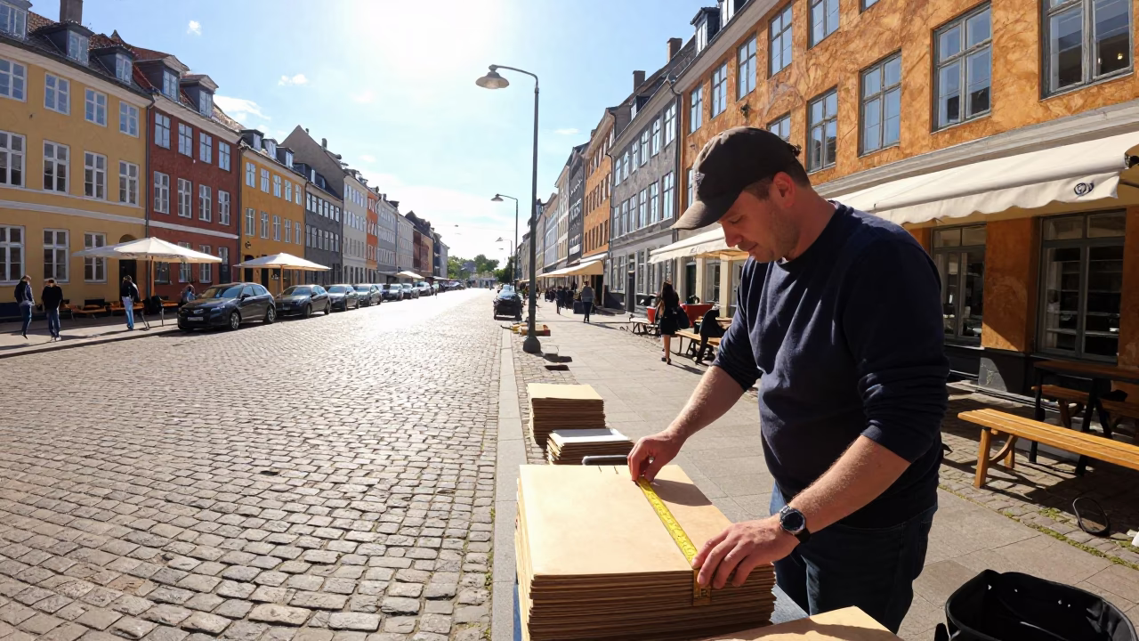 Midday Copenhagen Street Scene with Folding Ruler and Sunlit Cup Rim in in Copenhagen, Denmark