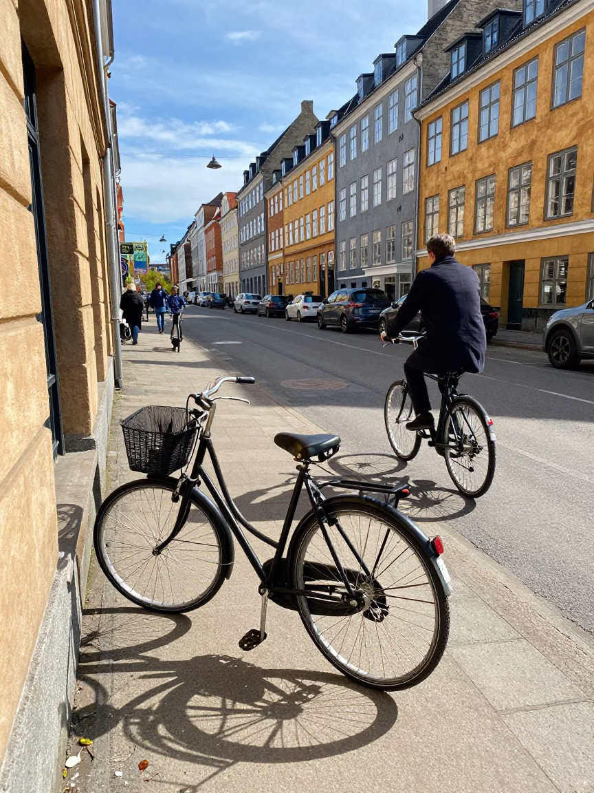 Midday Copenhagen Street Scene with Vintage Bicycle and Local Pedestrians in Denmark in in Copenhagen, Denmark