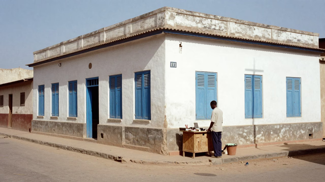 Midday Dakar Senegal Street Scene with Vintage 1960s Architecture and Local Market Activity in in Dakar, Senegal