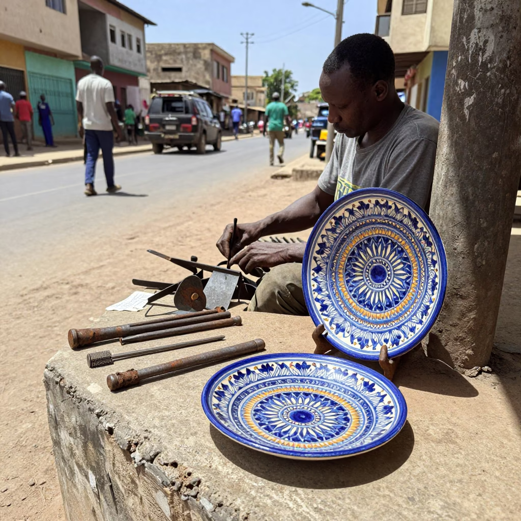 Midday Dakar Senegal Street Scene with Vintage Majolica Plate and Rasps in in Dakar, Senegal