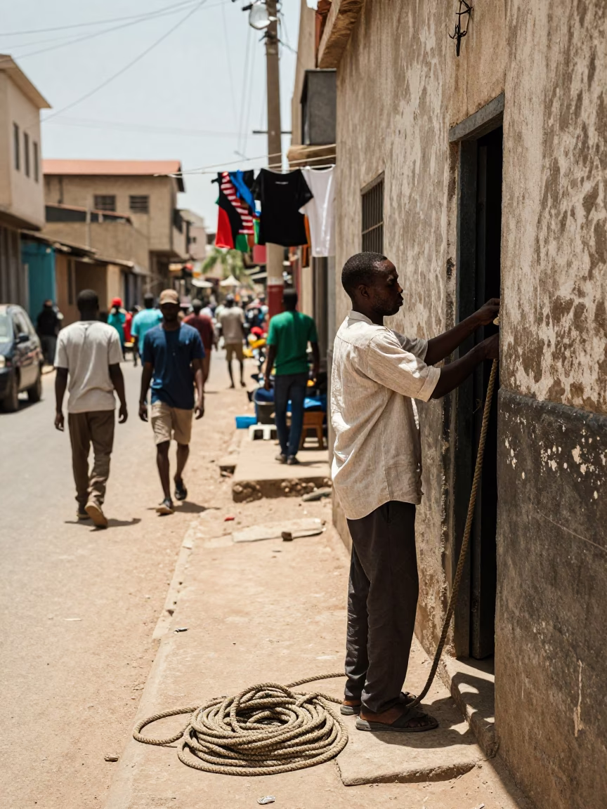 Midday Dakar Street Scene with Coiled Rope and Clothesline in Senegal in in Dakar, Senegal