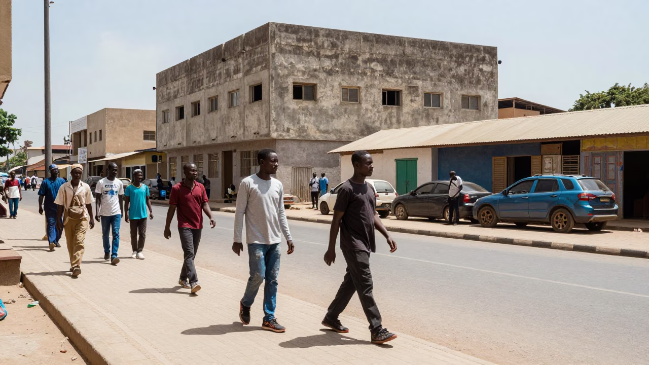 Midday Dakar Street Scene with Concrete Architecture and Local Commerce in in Dakar, Senegal