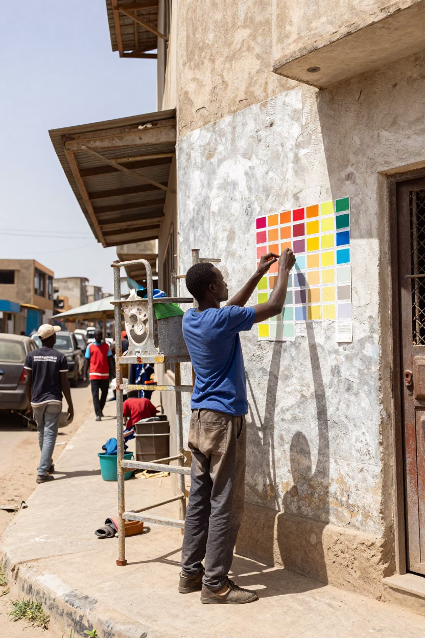 Midday Dakar Street Scene with Muralist Painting Sample Swatches on Scaffold Platform in in Dakar, Senegal
