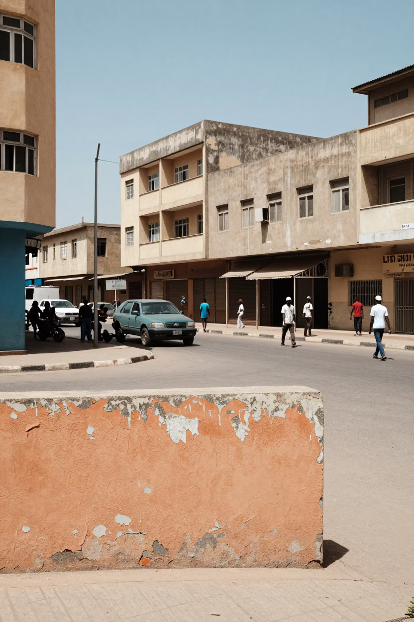 Midday Dakar Street Scene with Vintage 1970s Architecture and Local Market Activity in in Dakar, Senegal
